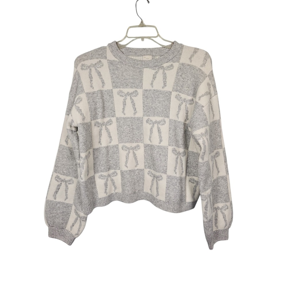 A New Day Sweater Grey Checkerboard Bow Knit Cottagecore Crewneck Women Large